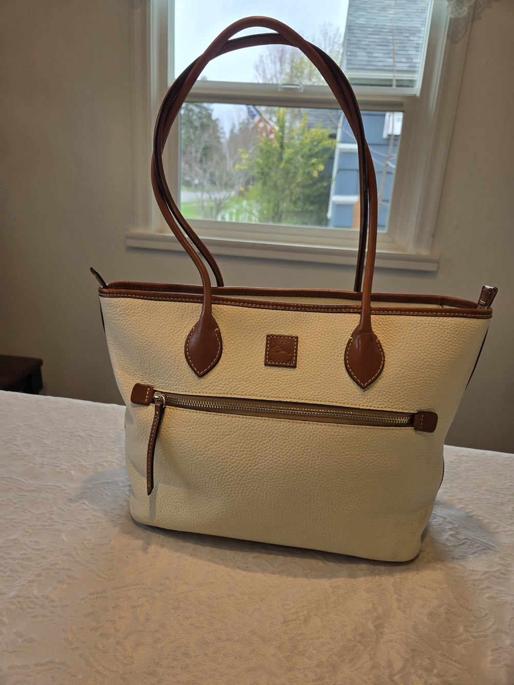 Cream Tote Bag with Brown Trim - Classic Everyday Shoulder Bag